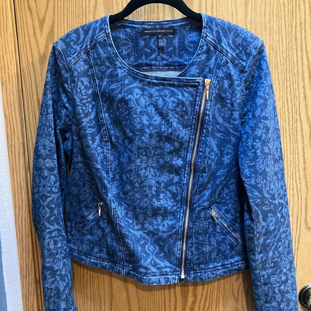 White House Black Market Printed Denim Moto Jacket